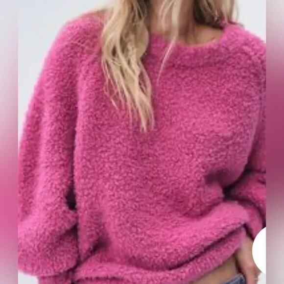 NWOT Free People Oversized Teddy Tunic Sweater Fuchsia -SML - Picture 2 of 10